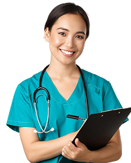 Smiling young woman doctor pointing fingers left showing client