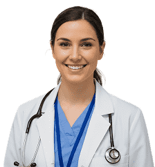 Smiling young woman doctor pointing fingers left showing client
