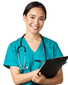Smiling young woman doctor pointing fingers left showing client