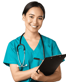 Smiling young woman doctor pointing fingers left showing client