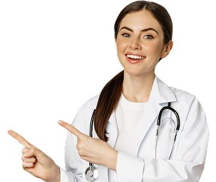 Smiling young woman doctor pointing fingers left showing client