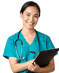 Smiling young woman doctor pointing fingers left showing client